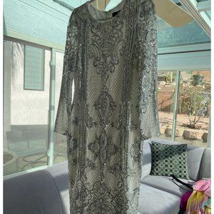 White w/ Silver Beaded Short Dress Size 16 Betsy Adam